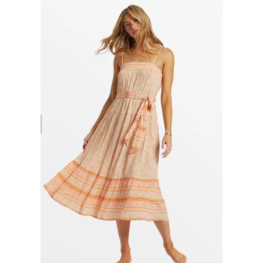 Billabong  *Wish For You* Midi Ruffle Sundress Dress |  L, Orange Pastel Floral